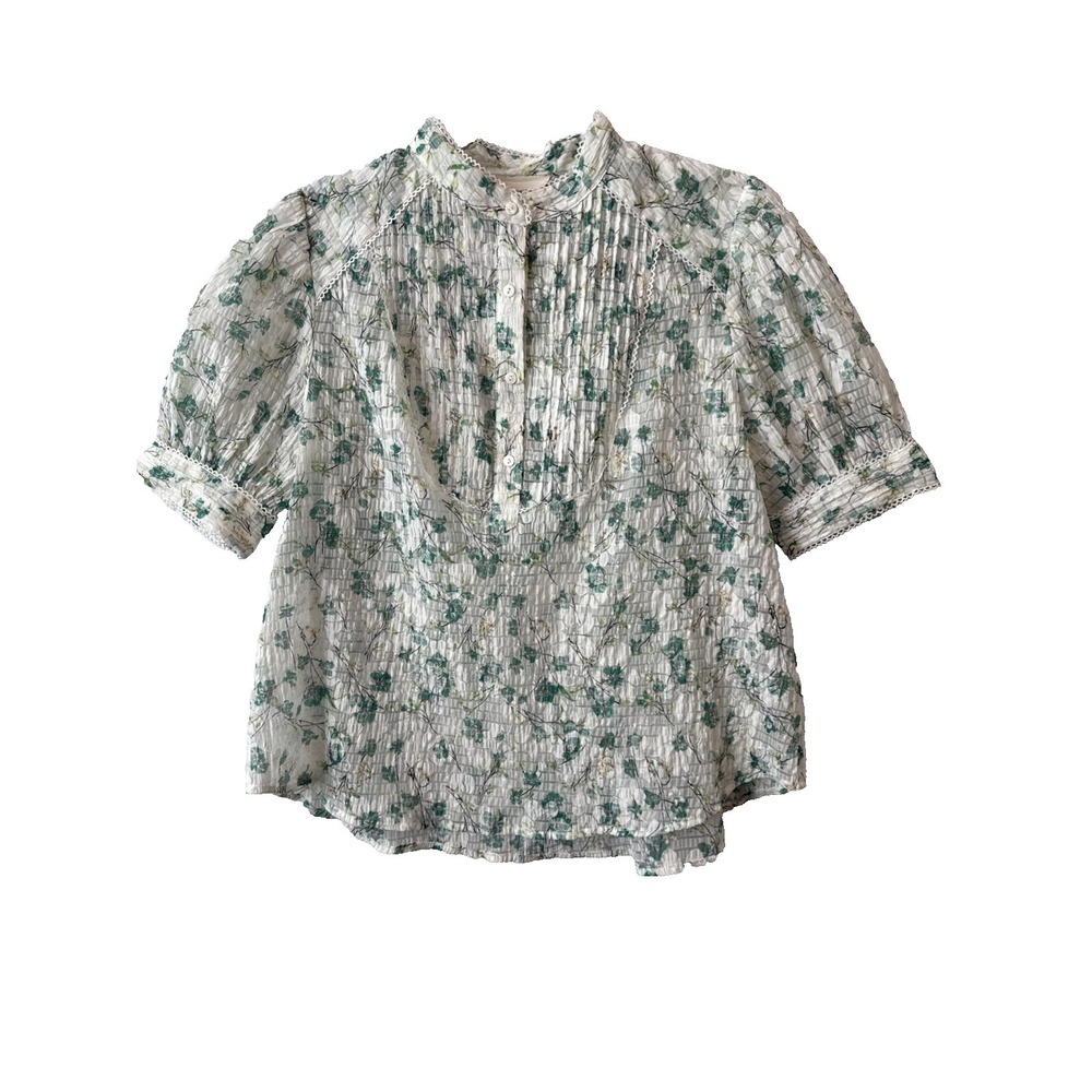 Cottagecore Boho Sheer Green Floral Puff Sleeve Button Up Blouse Women's M Fairy